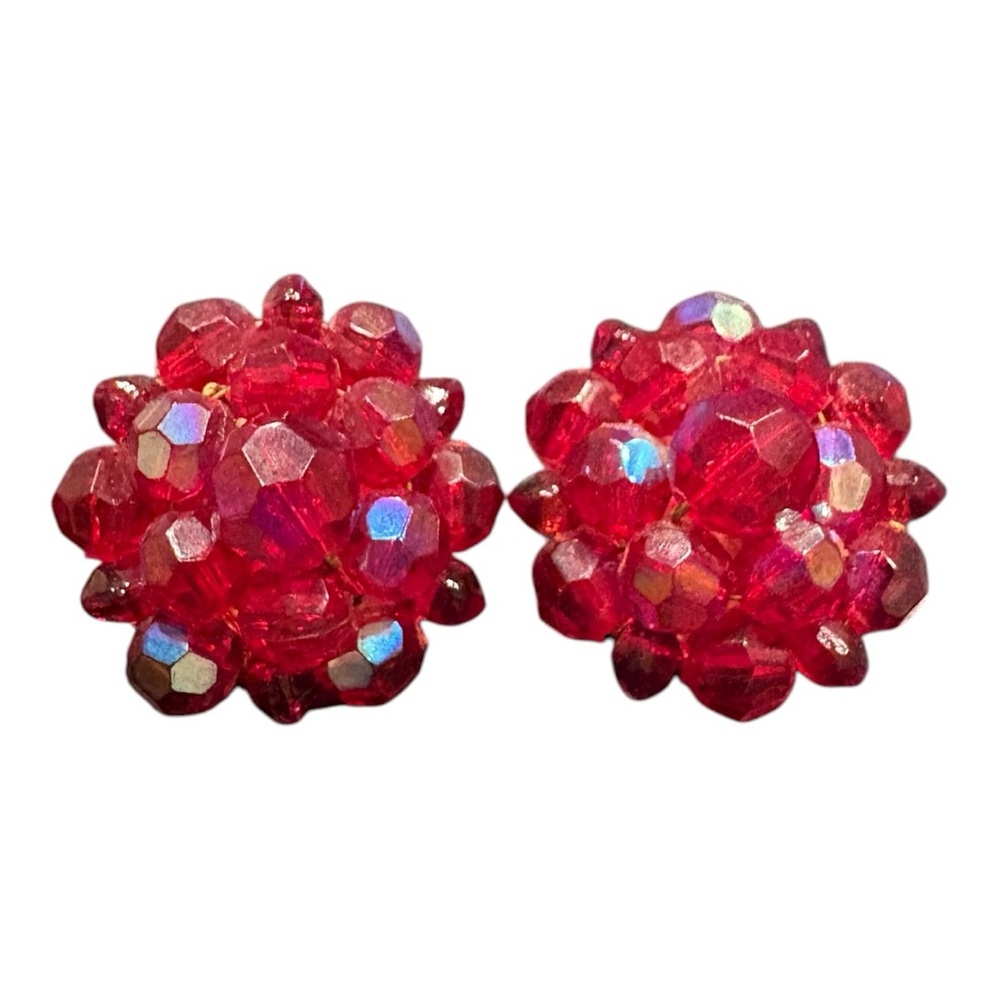 Vintage Red Beaded Cluster Clip-On Earrings Marked Germany J22